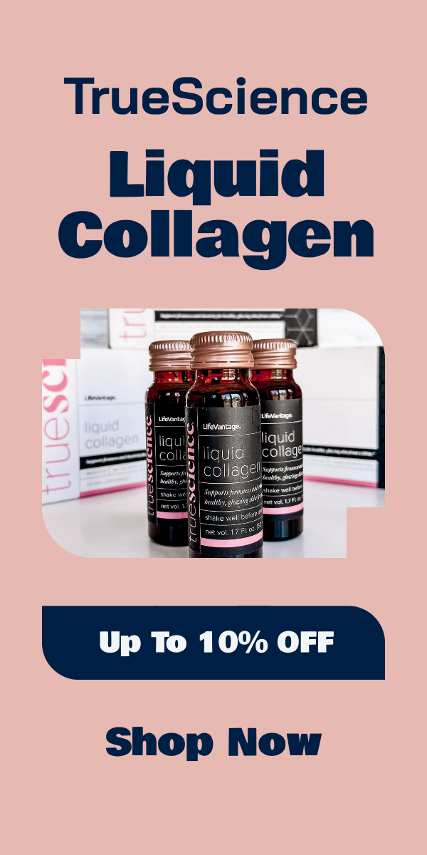 sidebard image of truescience liquid collagen bottles with shop now text